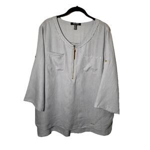 Ellen Tracy Linen Top‎ XL Blue Zip Neck Roll Tab Sleeve 100% Linen Tunic Blouse